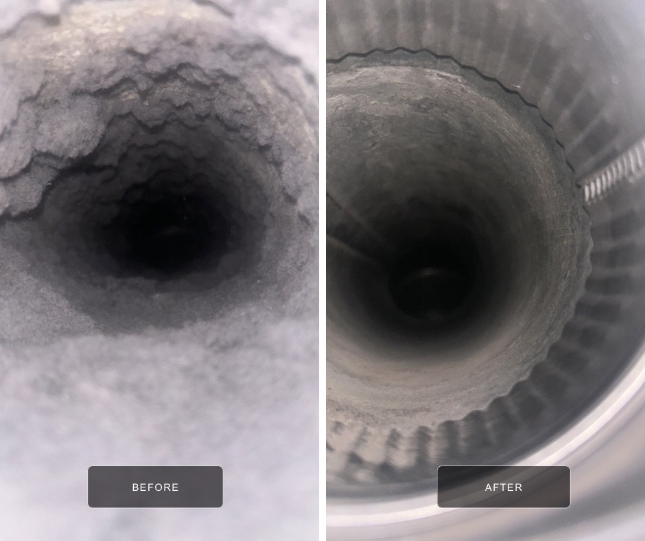 Before-and-after split image of a dryer duct cleaning